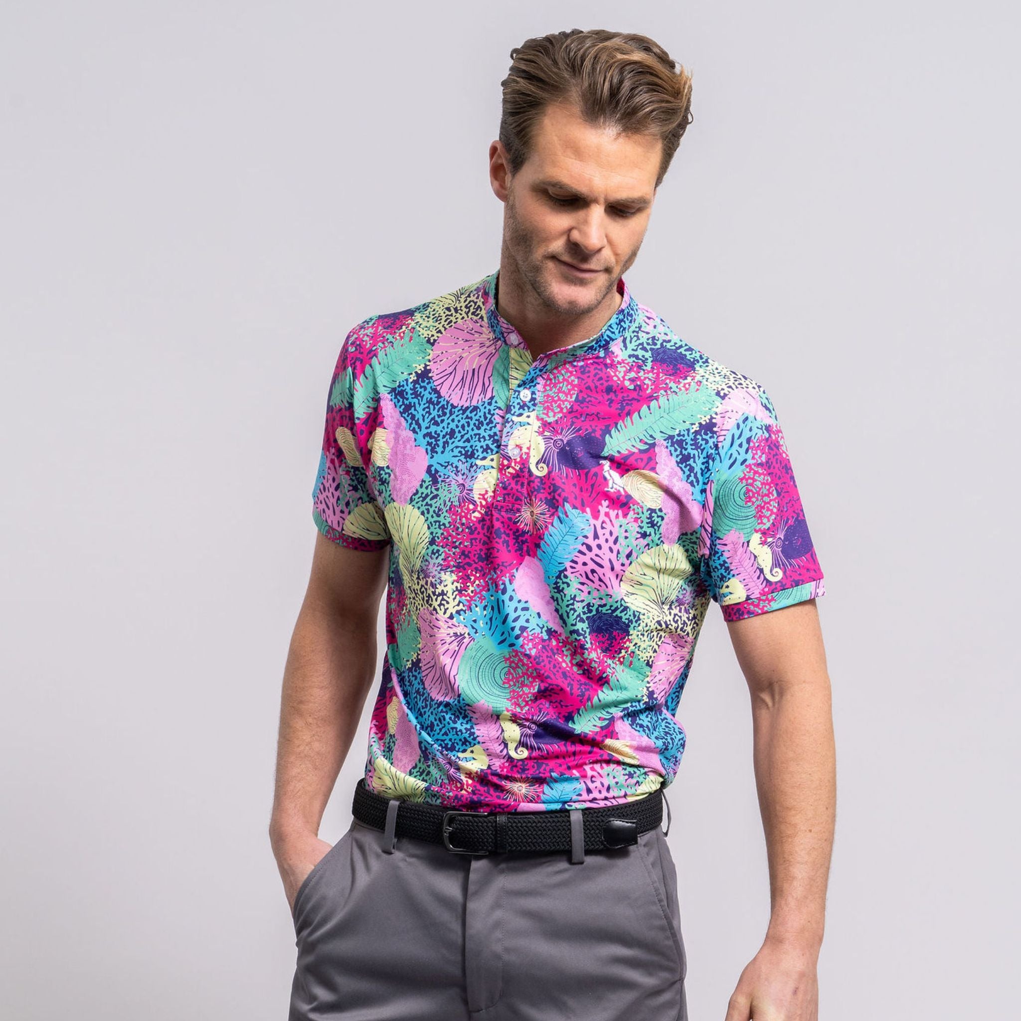 Collarless golf outlet shirt